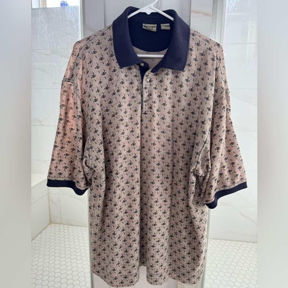 Bugle Boy Polo, Size XL, Tan and Navy Blue